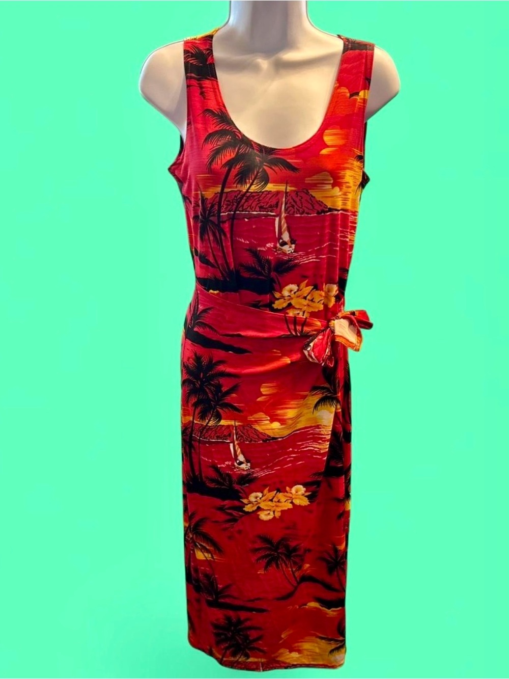 Vintage 90s Hawaiian Tropical Palm Tree Pink Tie Dress